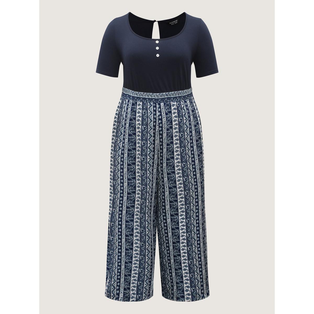 Plus Size Indigo Boho Striped Shirred Contrast Jumpsuit Women Boho Short sleeve U-neck Vacation Loose Jumpsuits BloomChic 14-16/1X Product Image