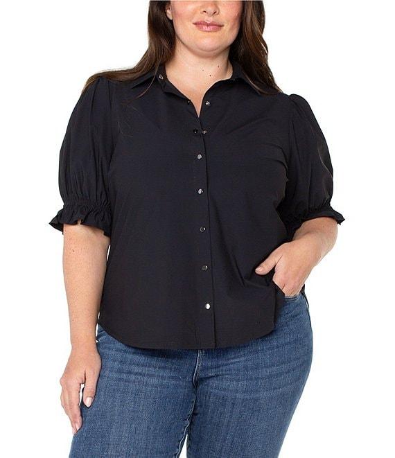 Liverpool Los Angeles Plus Size Tech Knit Point Collar Short Puff Sleeve Button Front Shirt Product Image