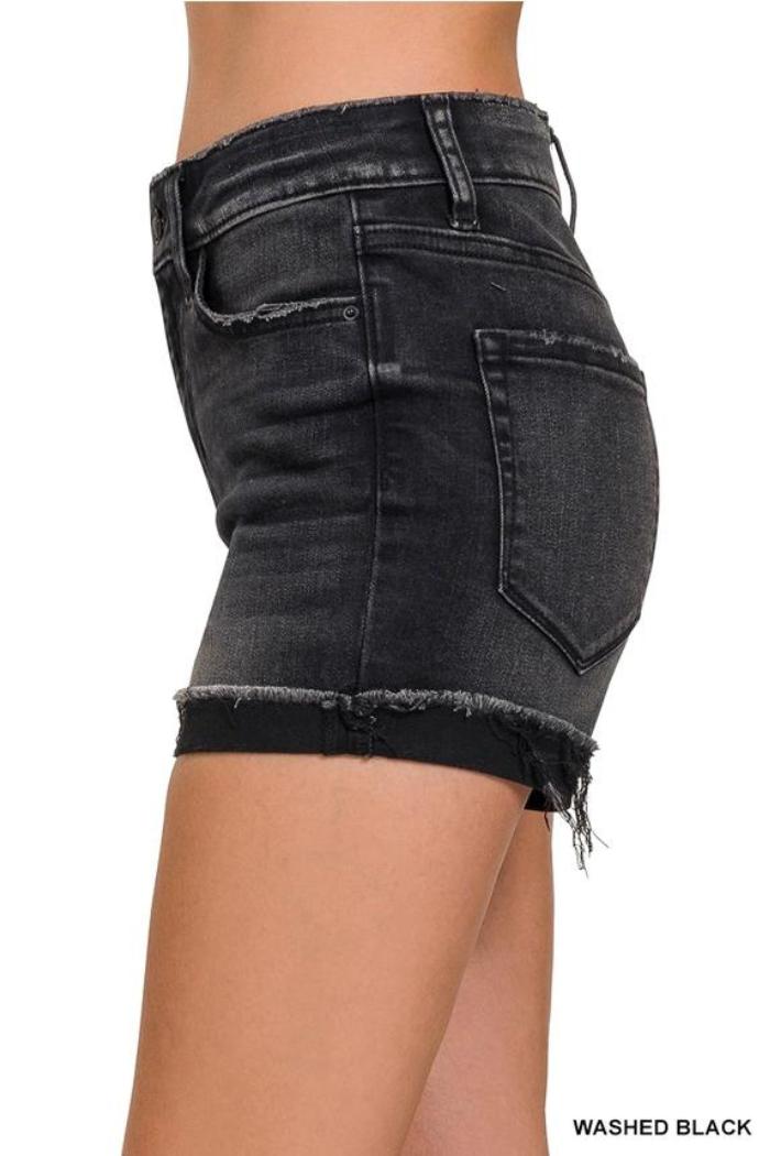 Washed Black Cuffed Raw Hem Denim Shorts Product Image