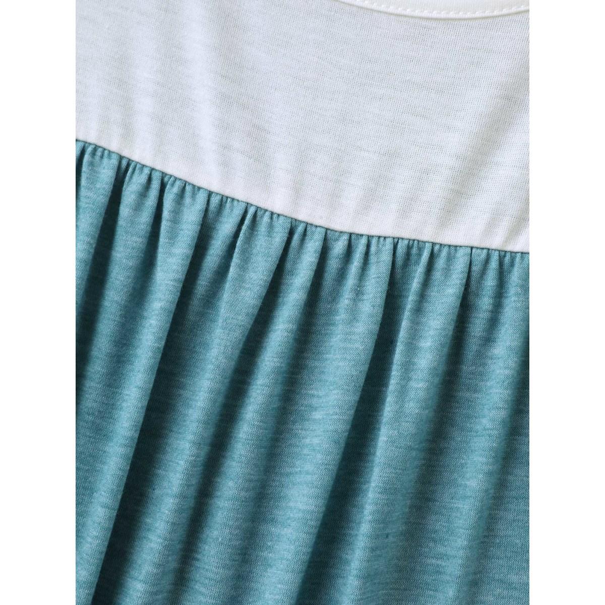 Plus Size Color Contrast Lotus Leaf Sleeve T-Shirt Cerulean Women Leisure Gathered V-neck Casual T-shirts BloomChic 10/M Product Image