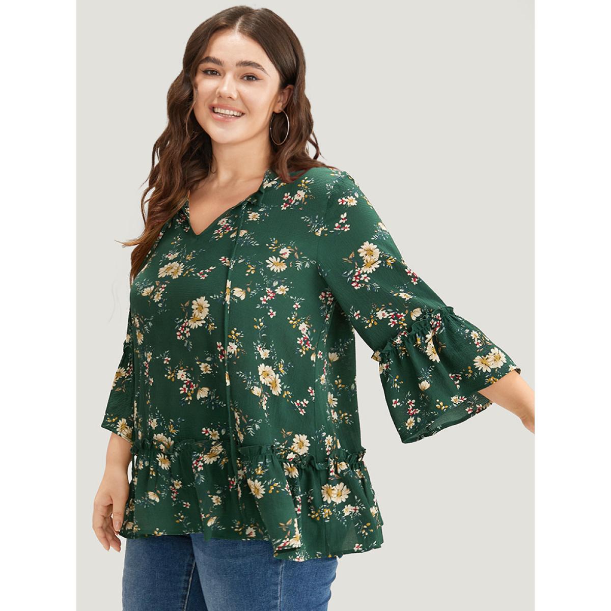 Plus Size DarkGreen Floral Print Knot Neck Ruffle Trim Blouse Women Elegant Elbow-length sleeve Tie Neck Dailywear Blouses BloomChic 12/L Product Image