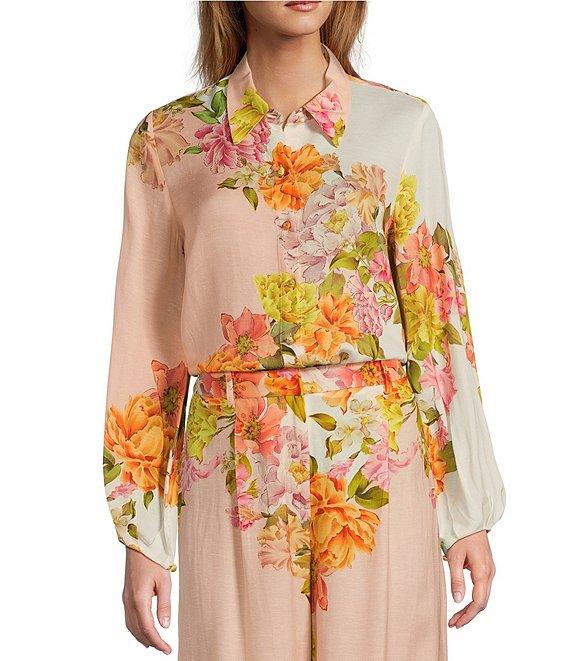Antonio Melani Flynn Floral Print Coordinating Linen Blend Collar Neck Long Sleeve Button Down Blouse Product Image