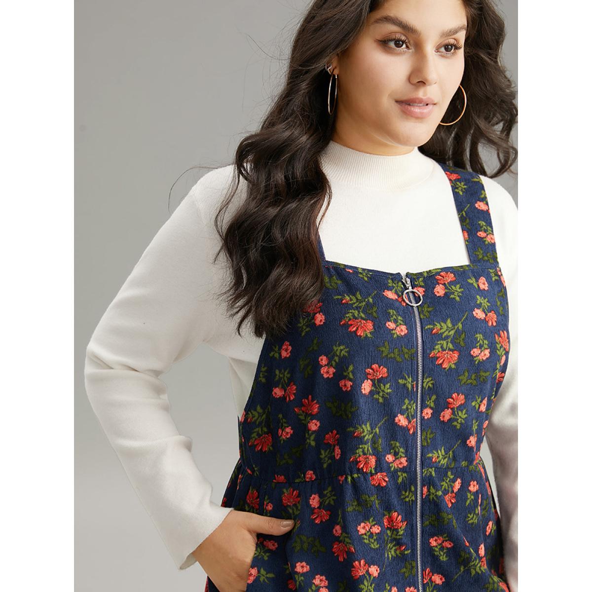 Plus Size Ditsy Floral Corduroy Pocket Zipper Fly Cami Dress Stone Women Casual Printed Square Neck Sleeveless Curvy Knee Dress BloomChic 30/6X Product Image