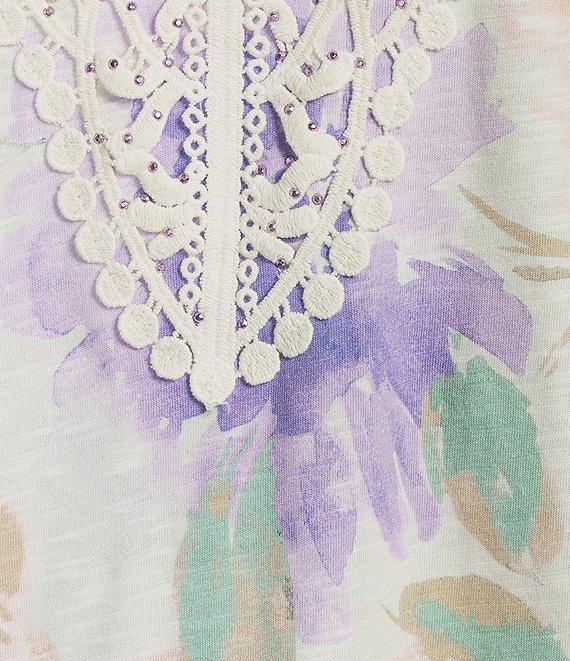 Allison Daley Floral Print 3/4 Sleeve V-Neck Beaded Applique Knit Top Product Image