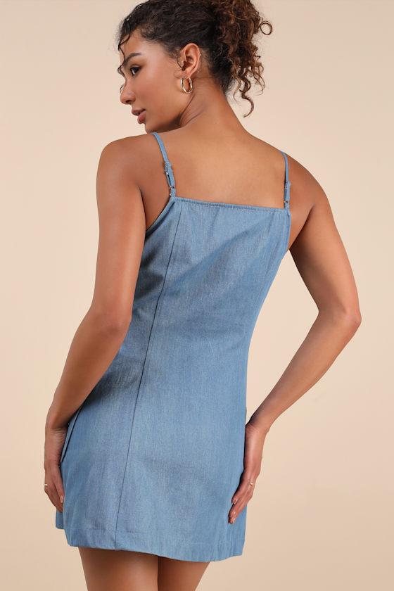 Honora Medium Wash Denim Button-Front Mini Dress Product Image