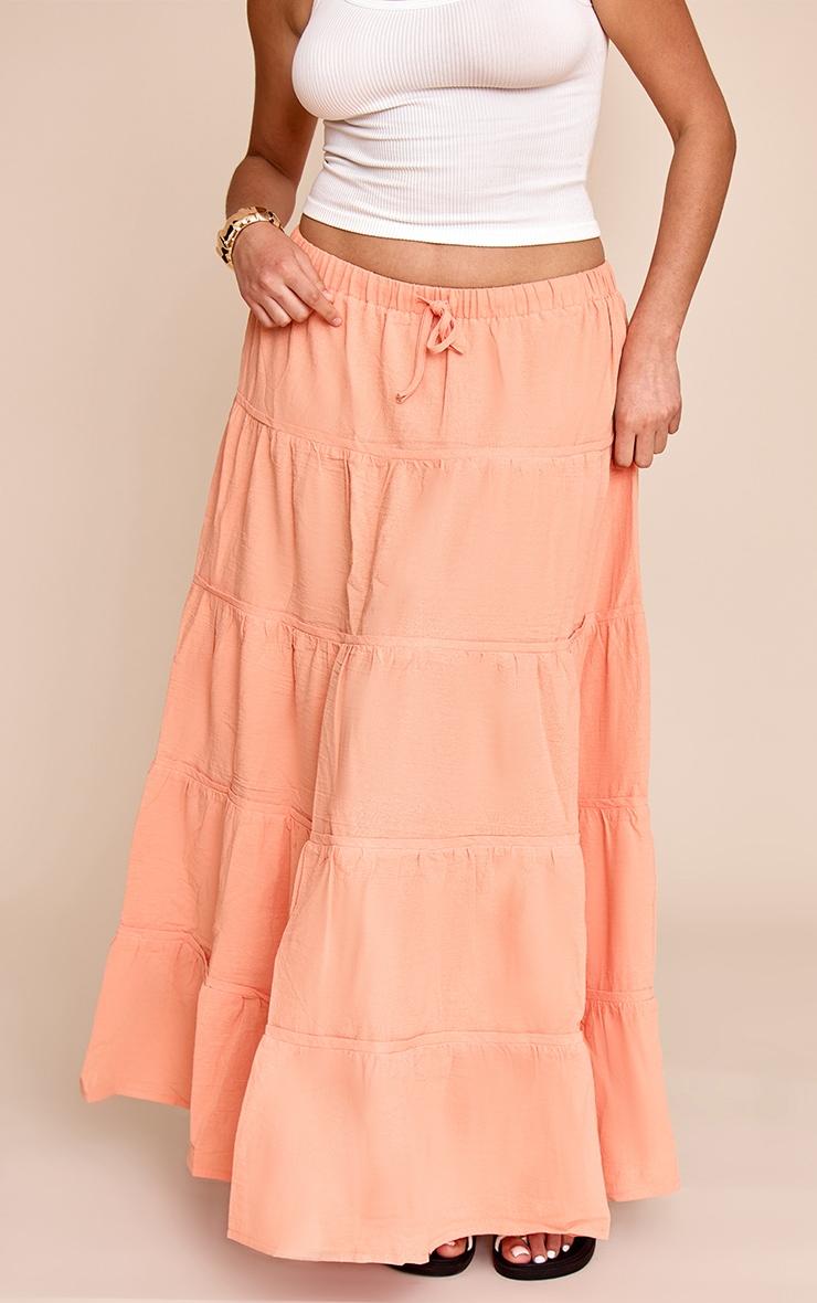 Plus Peach Cotton Tiered Drawstring Waist Maxi Skirt Product Image
