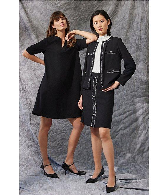 Ming Wang Stretch Deco Crepe Round Neck Long Sleeve Chain Trim Jacket Product Image