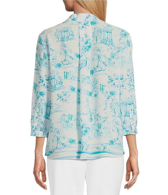 Investments Caroline Signature Capri Breeze Painted Toile V-Neck 3/4 Sleeve Button Front Blouse Product Image