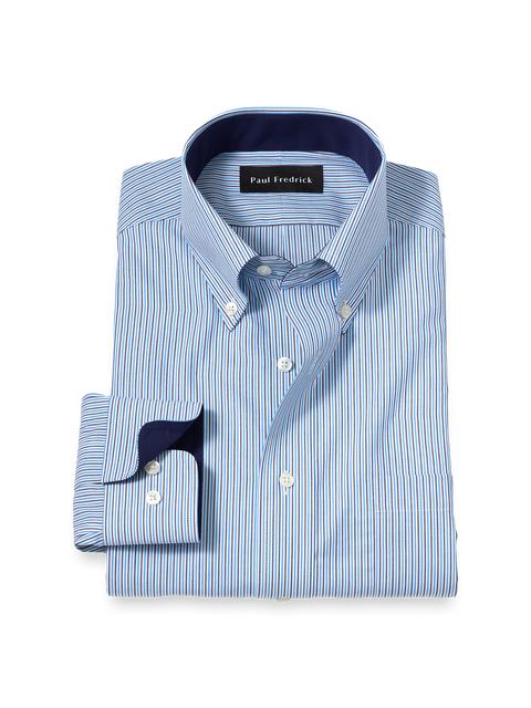Non-Iron Cotton Stripe Dress Shirt With Contrast Trim - Blue Product Image