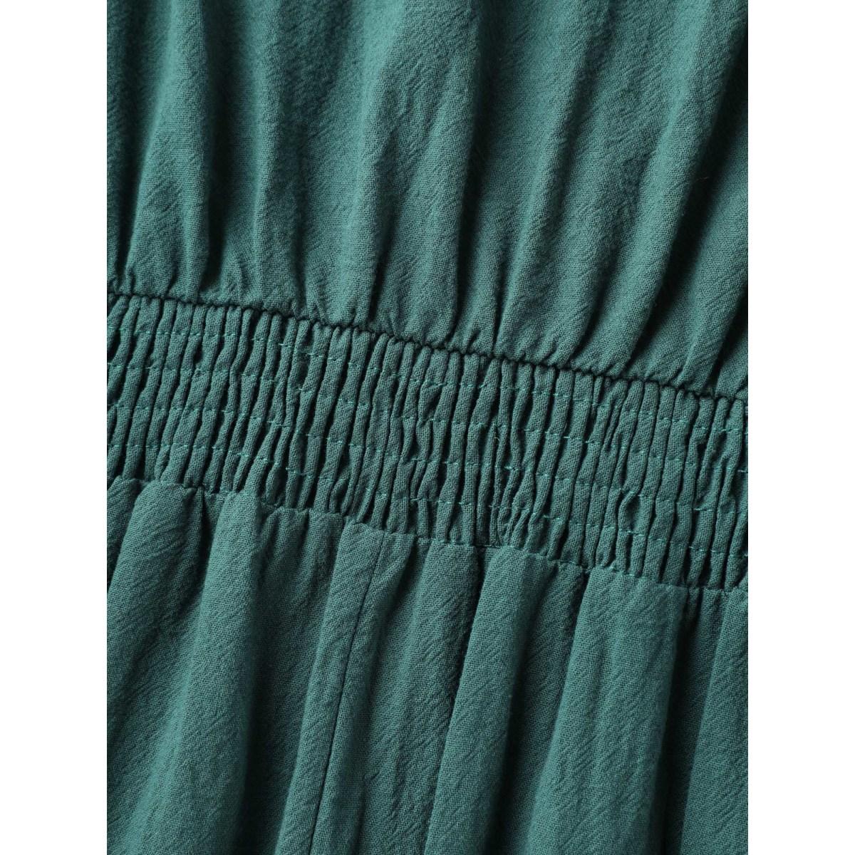 Plus Size Pure Cotton Button Gathered Sleeve Midi Dress Teal Women Boho Gathered V-neck Elbow-length sleeve Curvy BloomChic 26/4X Product Image