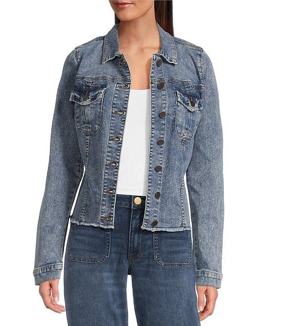 KUT from the Kloth Kara Notch Collar Long Sleeve Flap Pocket Frayed Hem Denim Jacket Product Image