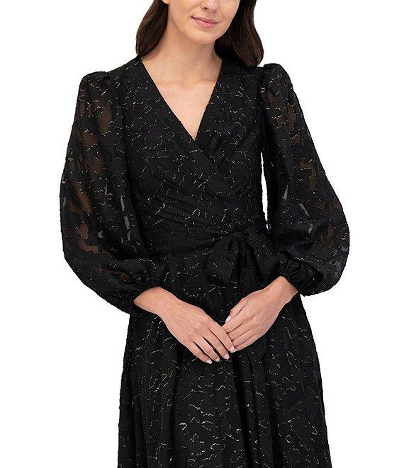 Eliza J Clip Chiffon V-Neck Long Balloon Sleeve Tie Waist Midi Dress Product Image