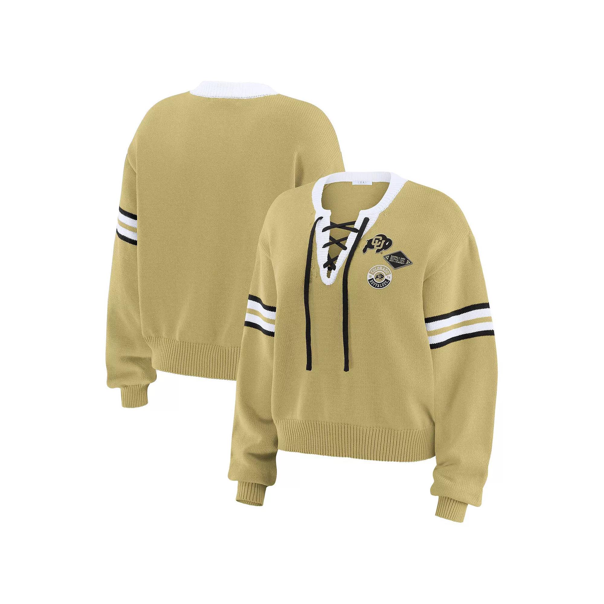 Women's WEAR by Erin Andrews Gold Colorado Buffaloes Lace-Up Pullover Sweater, Size: Small Product Image