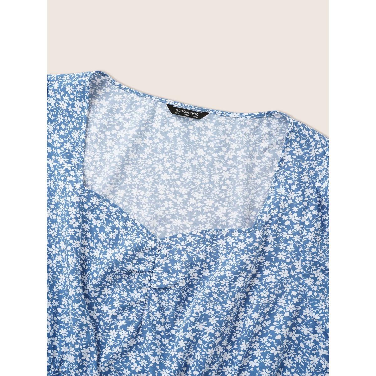 Plus Size Ditsy Floral Print Square Neck Split Hem Dress Cerulean Women Timeless Non Square Neck Elbow-length sleeve Curvy Midi Dress BloomChic 18-20/2X Product Image