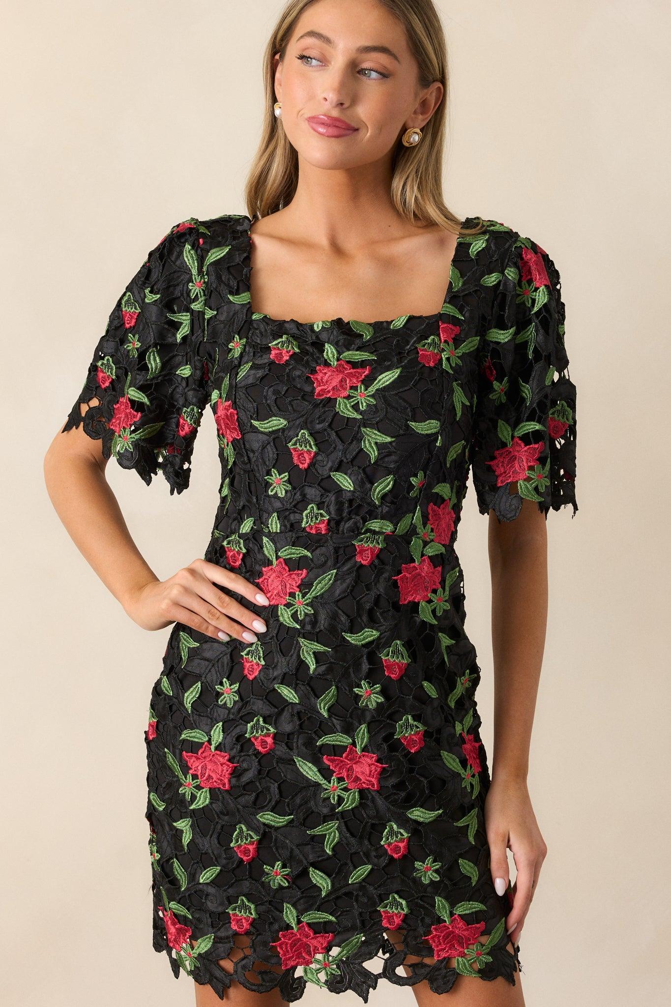 Rosebud Dreams Black Lace Embroidered Mini Dress Product Image