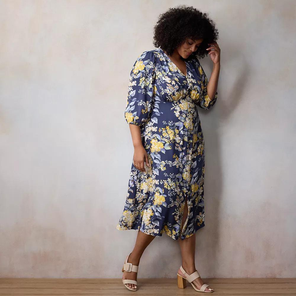 Plus Size LC Lauren Conrad V-Neck Button Front Midi Dress, Women's, Size: 4XL, Blue Florabelles Product Image