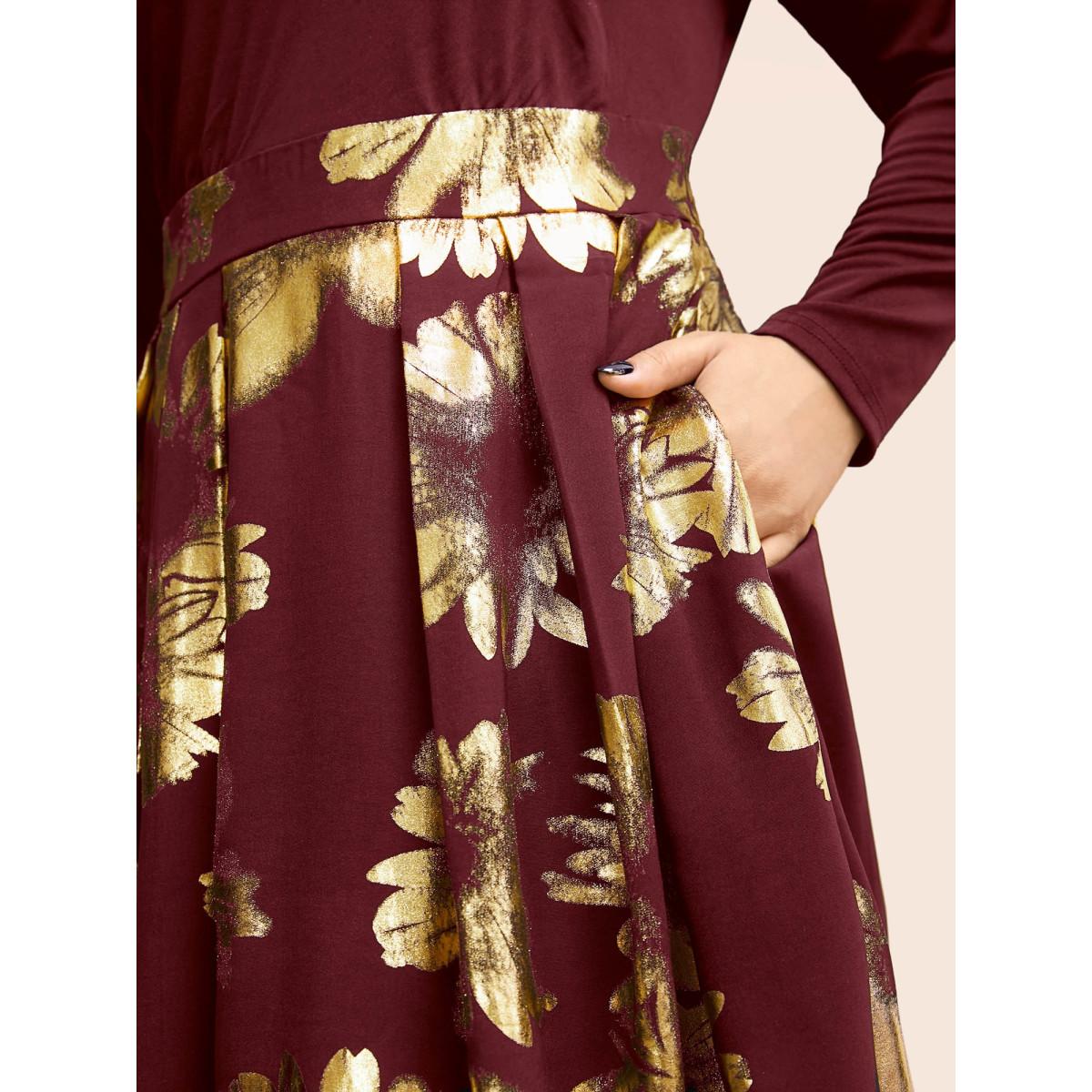 Plus Size Brush Glitter Pocket Patchwork Dress Burgundy Women Party Printed V-neck Long Sleeve Curvy Midi Dress BloomChic 18-20/2X Product Image