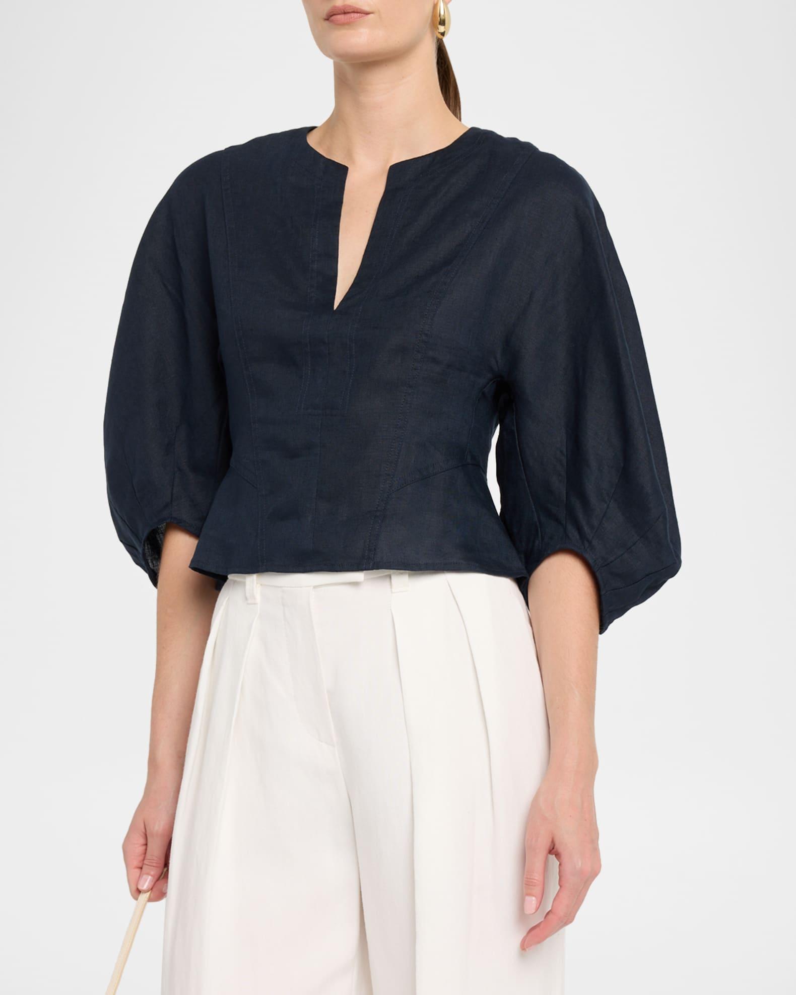 Remi Cropped Blouson-Sleeve Linen Blouse Product Image