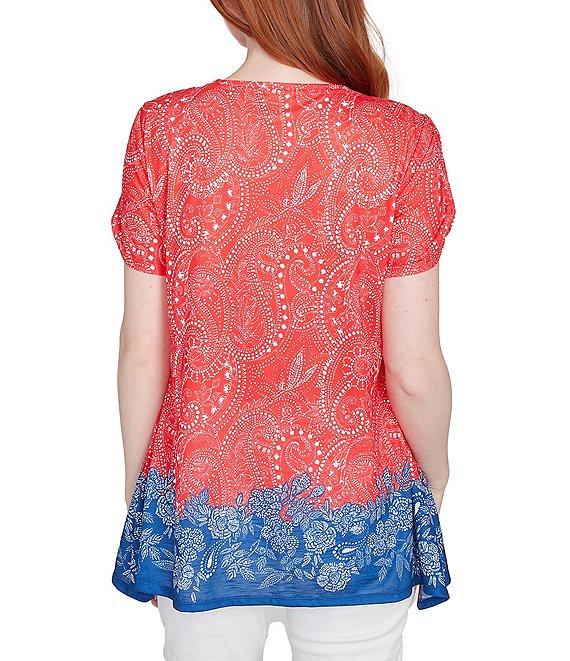 Ruby Rd. Soft Jersey Embellished Printed Scoop Neck Short Cut-Out Sleeve Top Product Image
