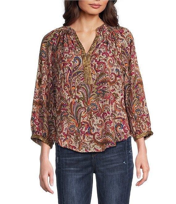 Democracy Woven Floral Paisley Split V-Neck 3/4 Sleeve Top Product Image