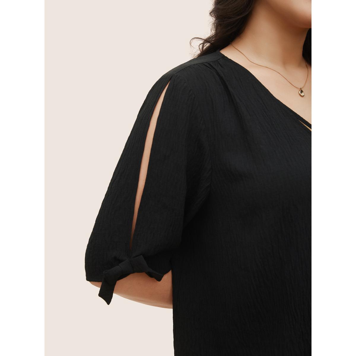 Plus Size Black Stretchy Woven Bowknot Cut Out Gathered Crisscross Blouse Women At the Office Half Sleeve V-neck Office Blouses BloomChic 14-16/1X Product Image