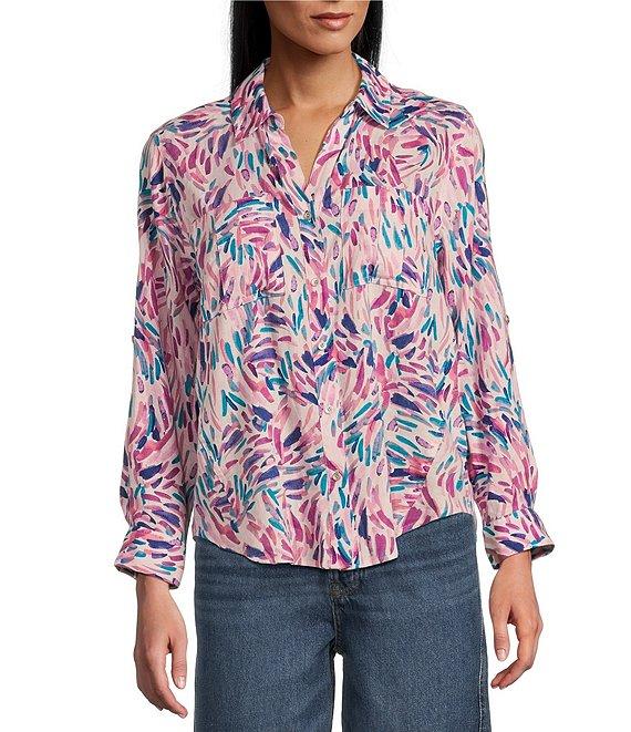 Westbound Petite Size Dancing Daubs 3/4 Roll-Tab Sleeve Point Collar Y-Neck Button Front Shirt Product Image