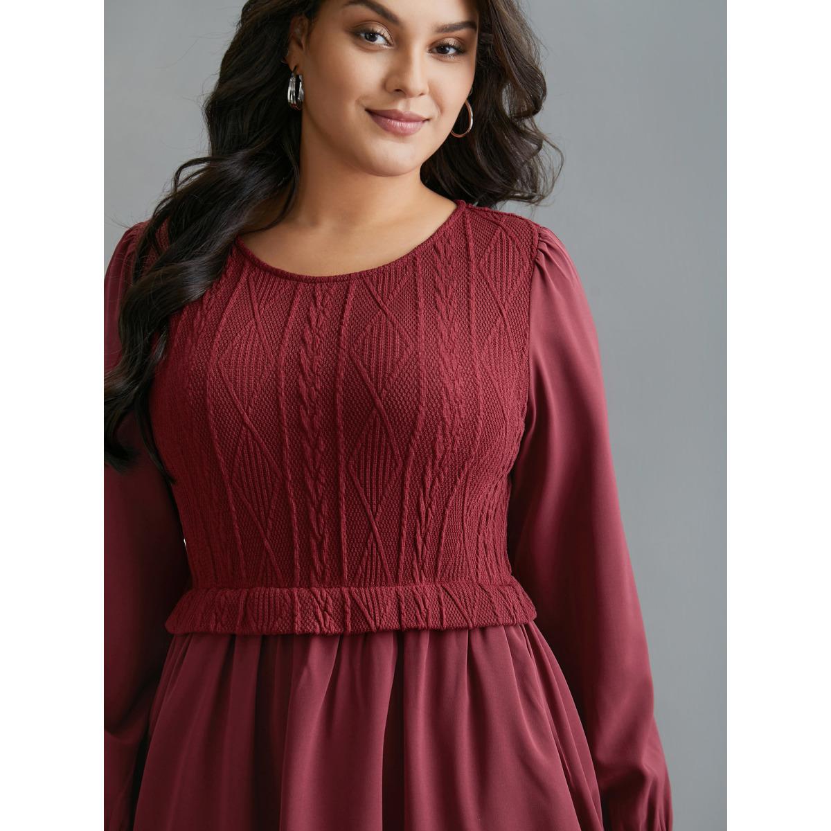 Plus Size Solid Cable Knit Lantern Sleeve Dress Burgundy Women Casual Texture Round Neck Long Sleeve Curvy BloomChic 28/5X Product Image