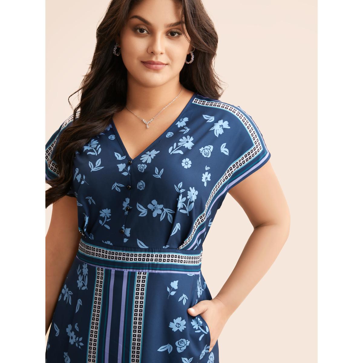 Plus Size Boho Print Shirred Dolman Sleeve Dress Navy Women Elegant Pleated V-neck Short sleeve Curvy BloomChic 22-24/3X Product Image