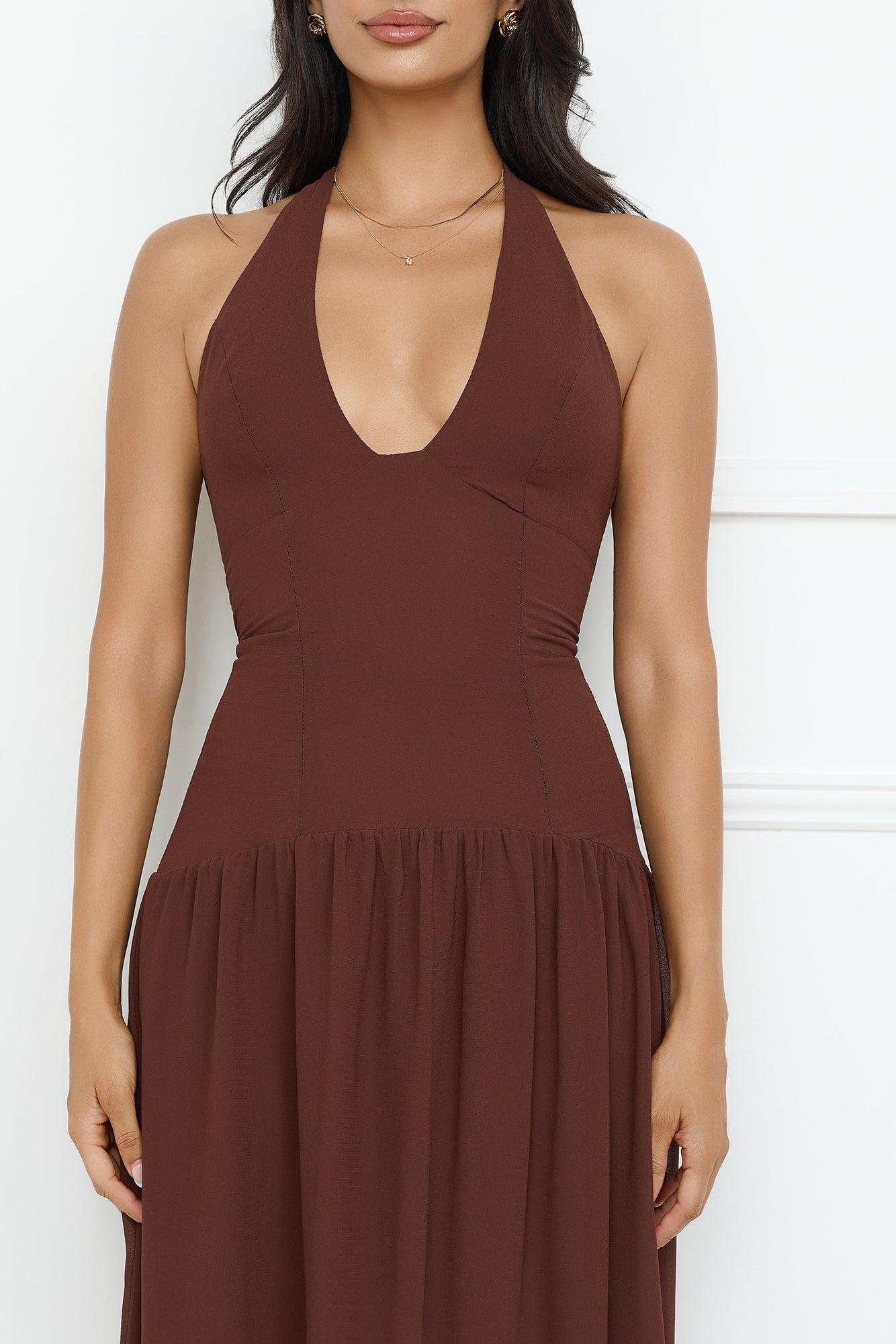 Sassy Style Halter Midi Dress Brown Product Image