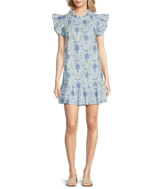 SAIL to SABLE Woven Pineapple Print Ruffle Mock Neck Flutter Sleeve Shift Dress Product Image