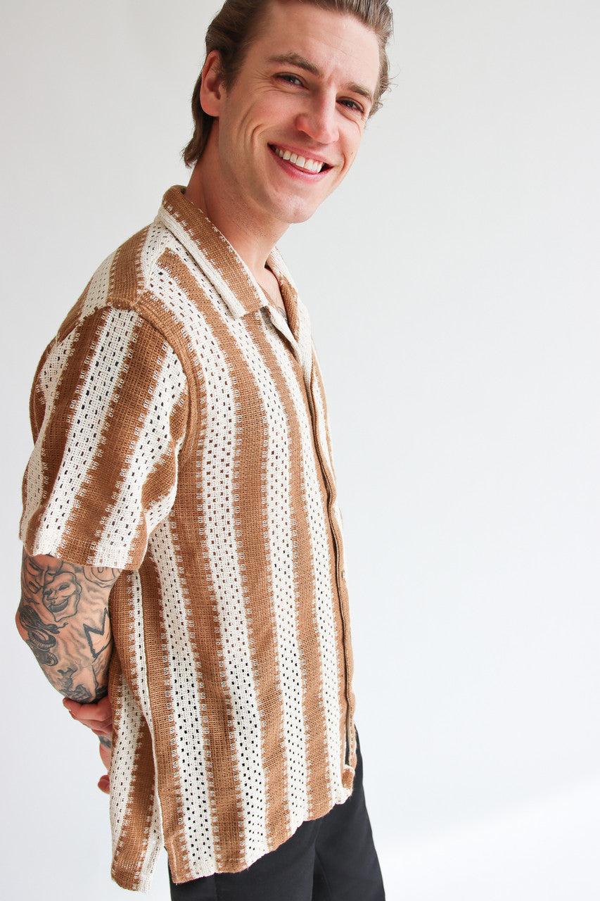 Natural Striped Textured Knit Button Up Shirt Product Image