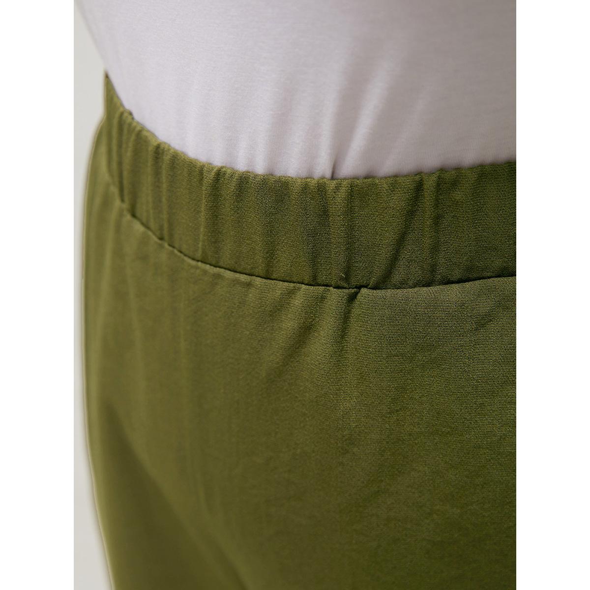 Plus Size Plain Pocket Elastic Waist Pompom Detail Split Pants Women ArmyGreen Elegant Mid Rise Dailywear Pants BloomChic 30/6X Product Image