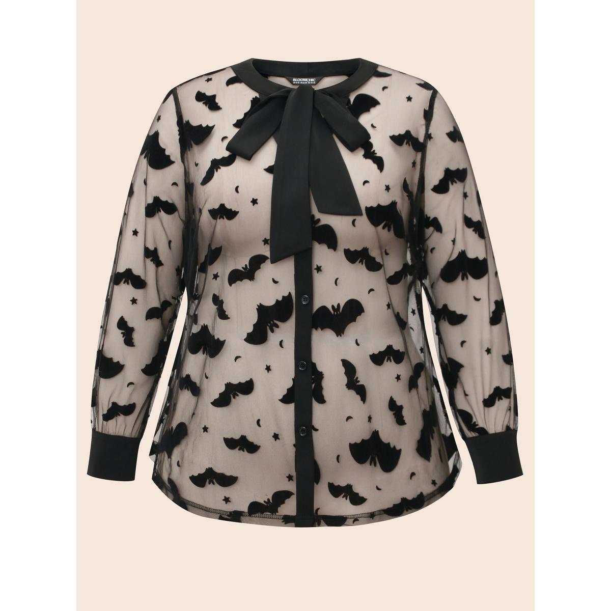 Plus Size Black Bats & Bows Ribbon Collar Blouse Women Elegant Long Sleeve Ribbon-tied collar Everyday Blouses BloomChic 28/5X Product Image