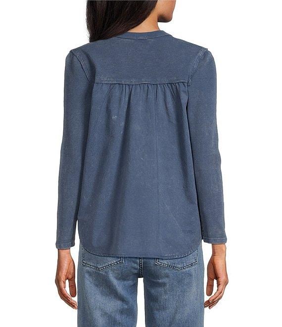 Reba Woven Voile Knit Rib Henley V-Neck Long Sleeve Trapeze Top Product Image