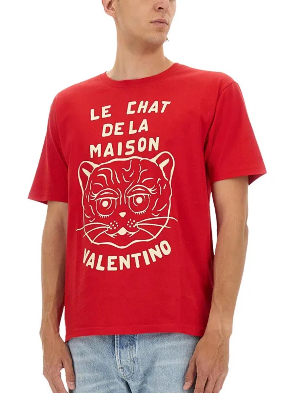 VALENTINO Graphic Print House Cat Crew Neck T-shirt In Red Product Image