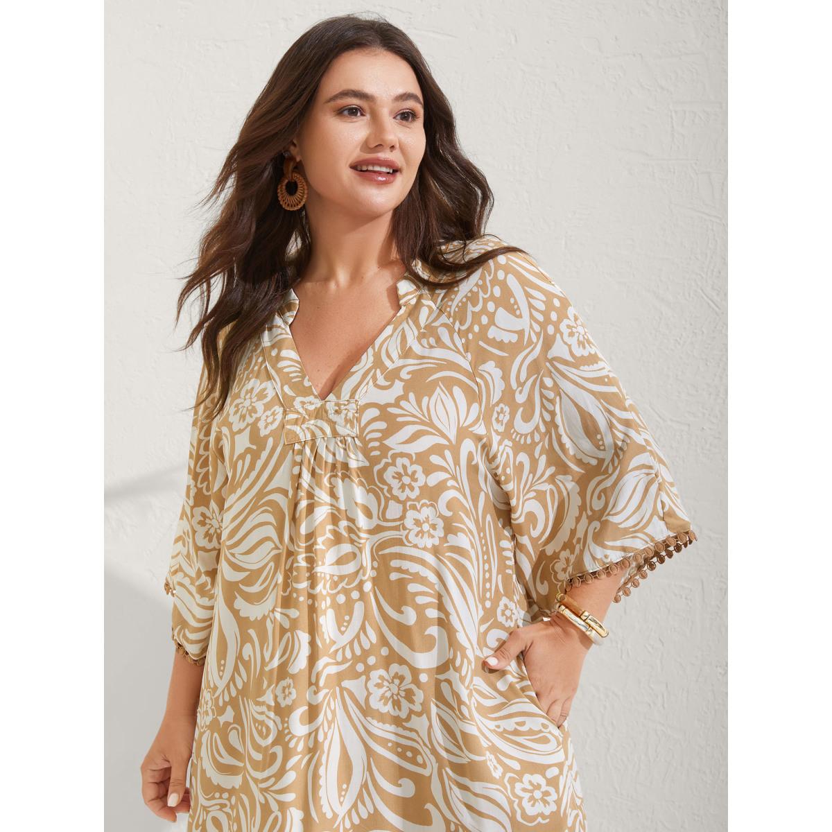 Plus Size Paisley Print Notched Collar Lace Midi Dress LightBrown Women Flat collar with V-notch Elbow-length sleeve Curvy BloomChic 22-24/3X Product Image