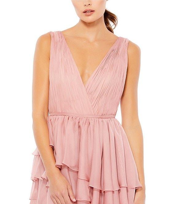 Mac Duggal Double V Neck Built in Bodysuit Hi Low Tiered Gown Product Image