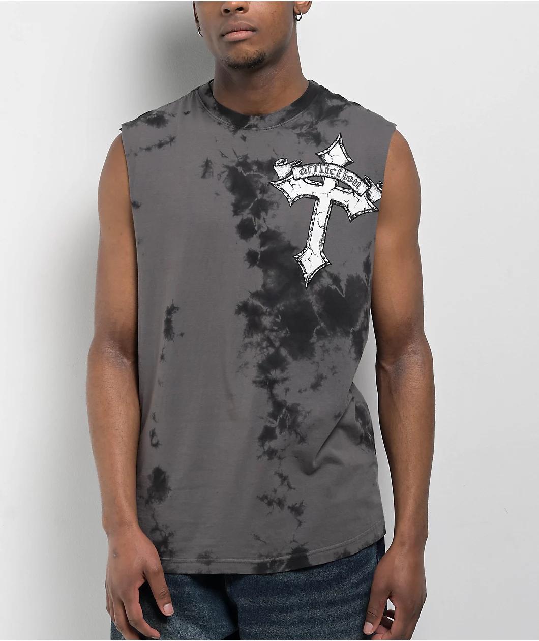 Afflicition Crossed Over Cutoff Black Tie Dye Tank Top Product Image