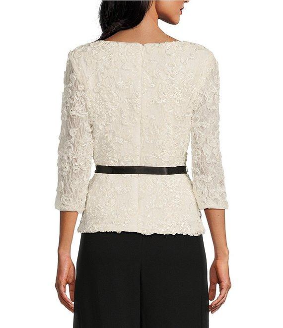 Alex Evenings Square Neck 3/4 Sleeve Tie Sash Soutache Blouse Product Image