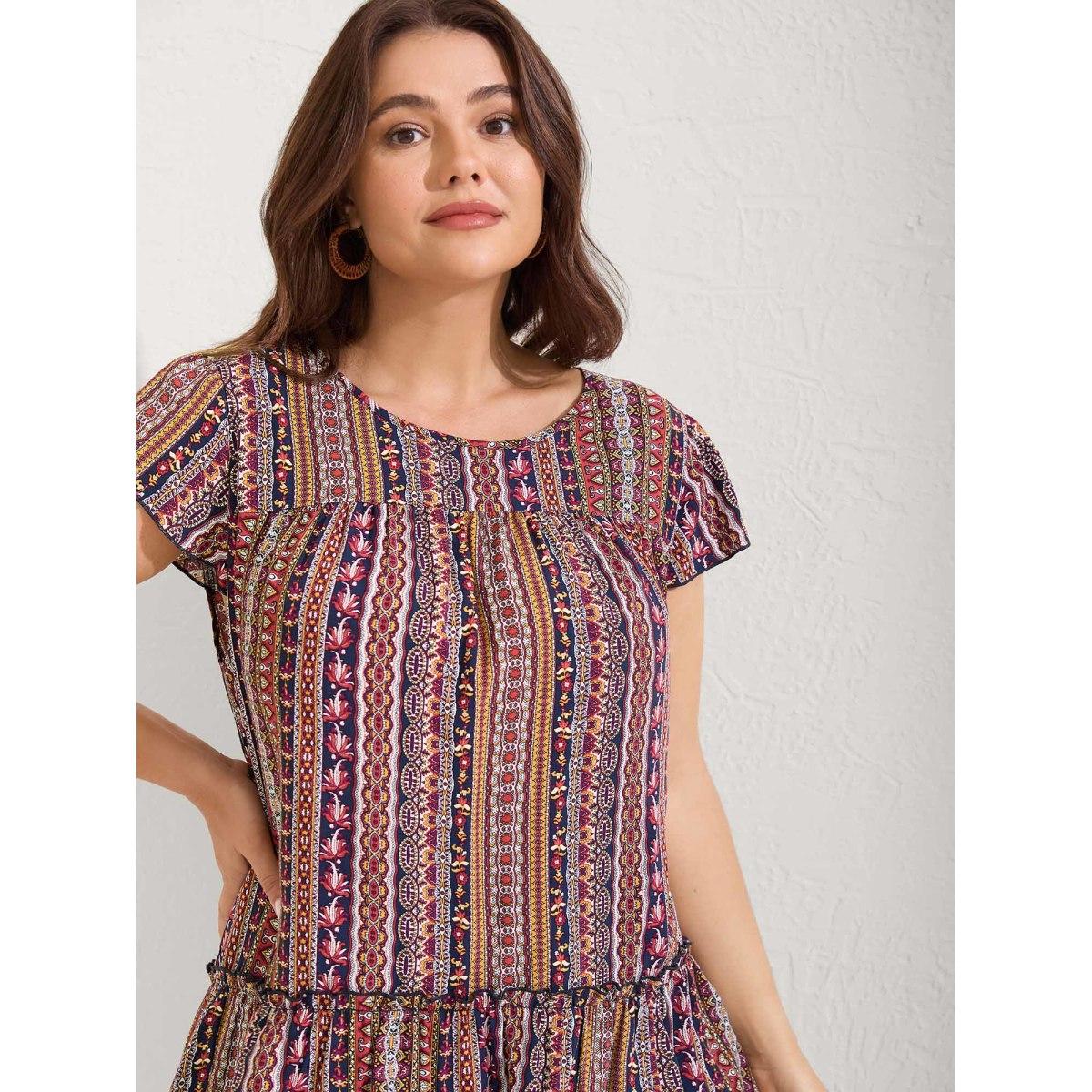 Plus Size Midnight Boho Stripes Tiered Ruffle Blouse Women Cap Sleeve Round Neck Vacation Blouses BloomChic 12/L Product Image