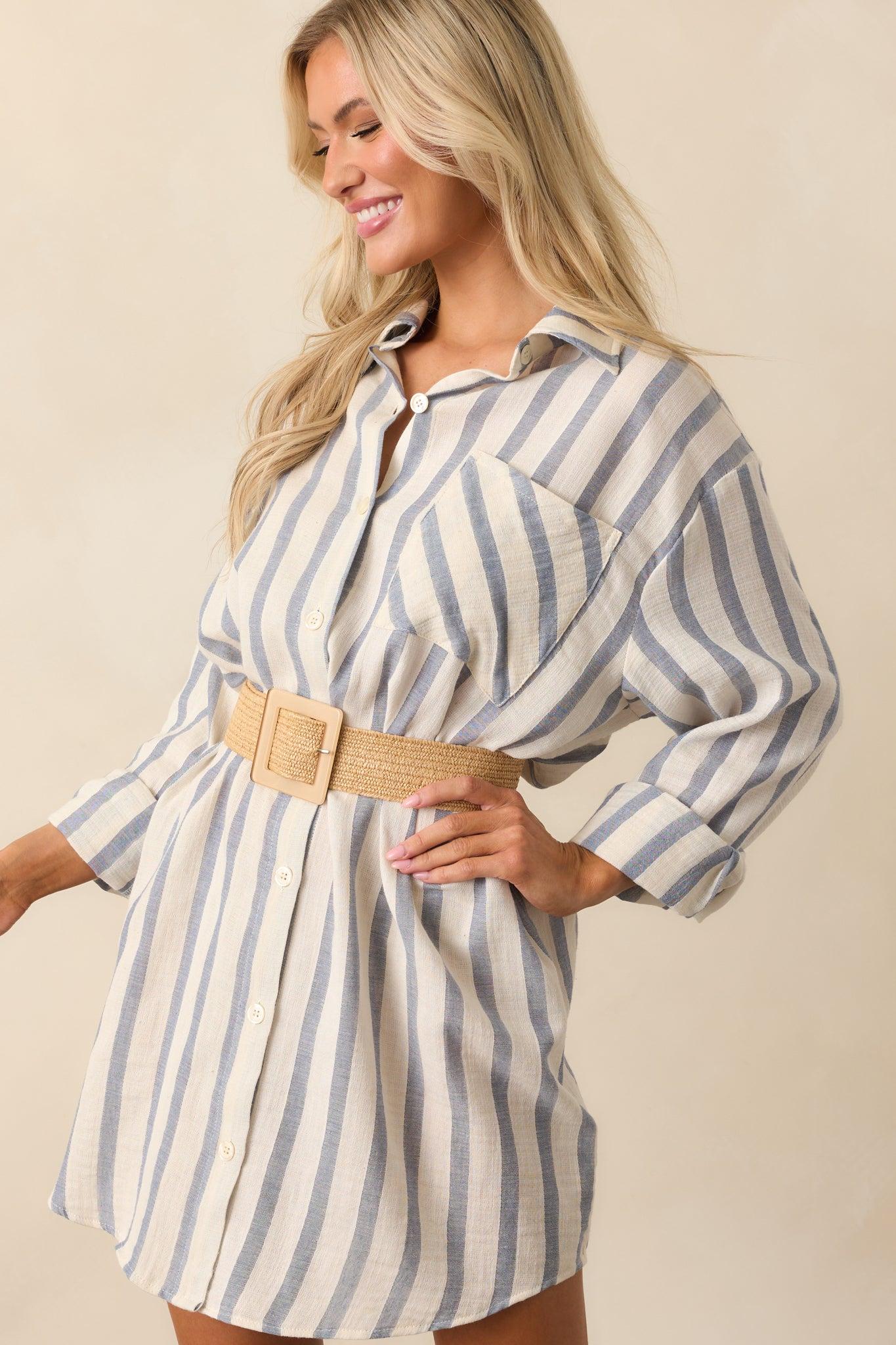 Better Than Expected Blue Stripe Cotton Mini Shirt Dress Product Image