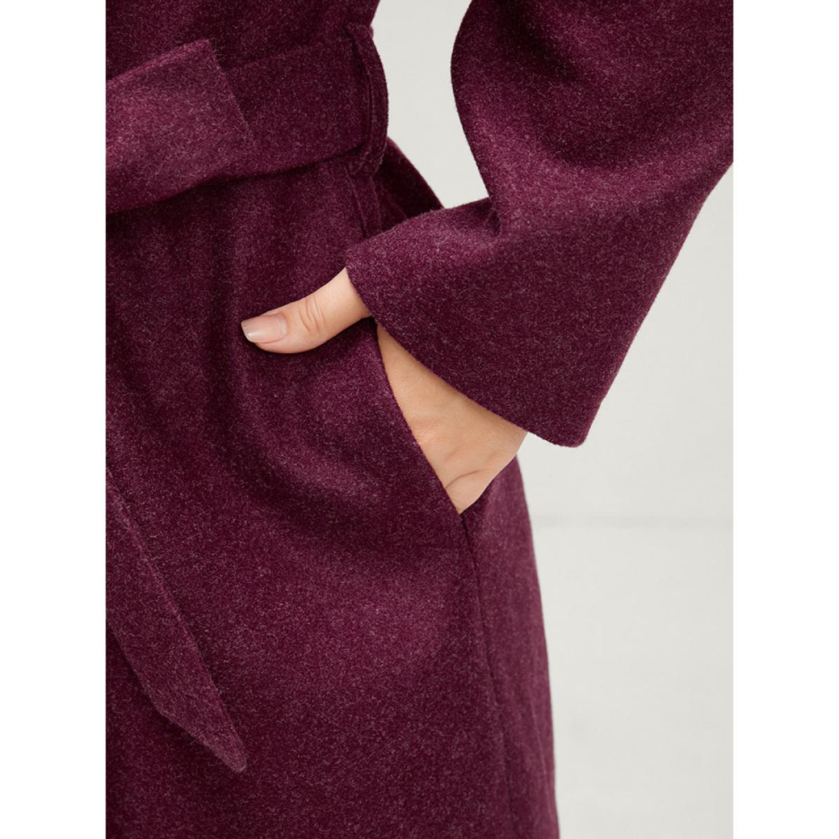 Plus Size Solid Foldover Collar Pocket Asymmetrical Hem Belted Coat Women Burgundy Elegant Cross straps Ladies Dailywear Winter Coats BloomChic 28/5X Product Image