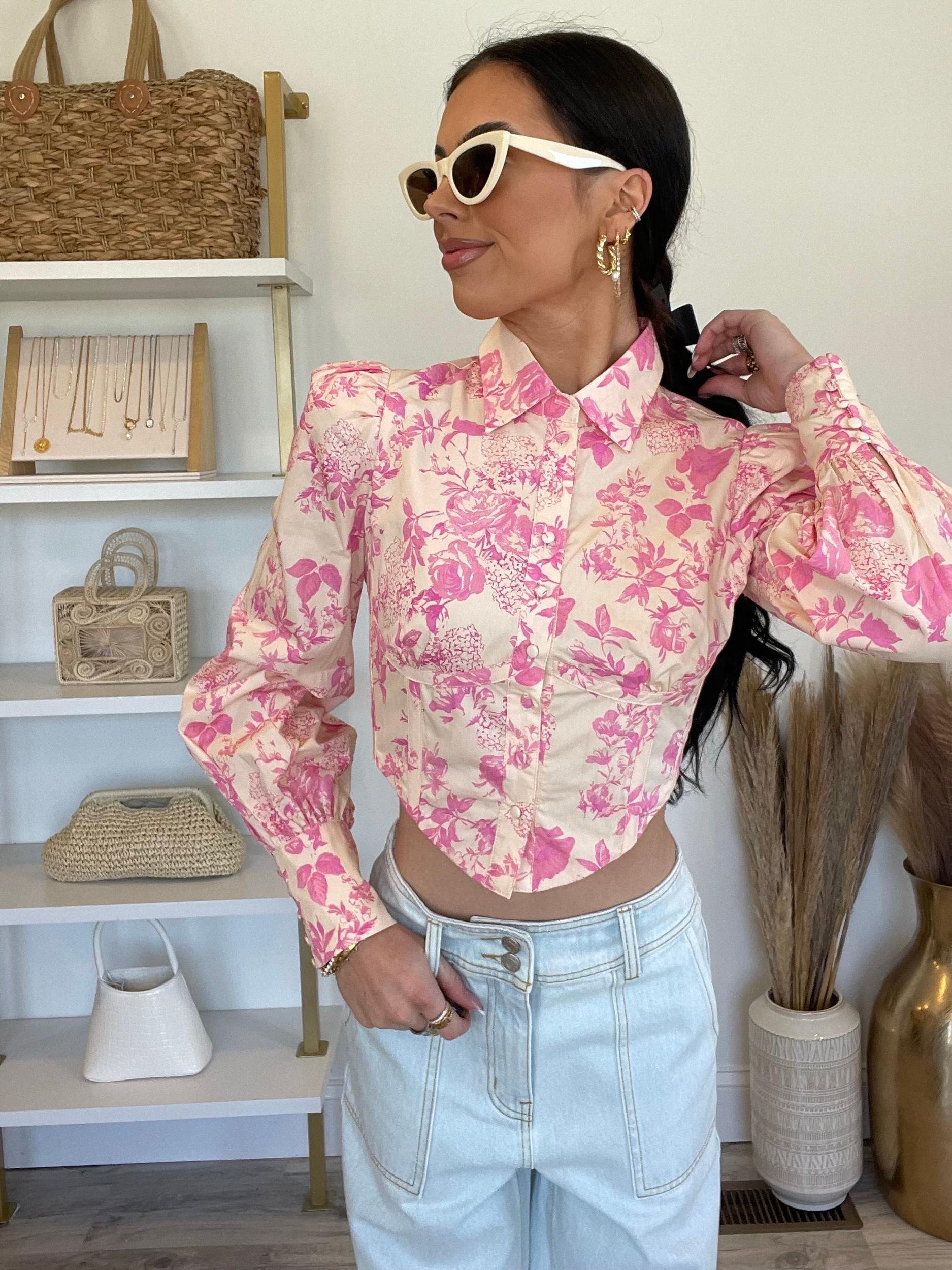 FINAL SALE Fiona Floral Puff Sleeve Corset Top | Pink Product Image