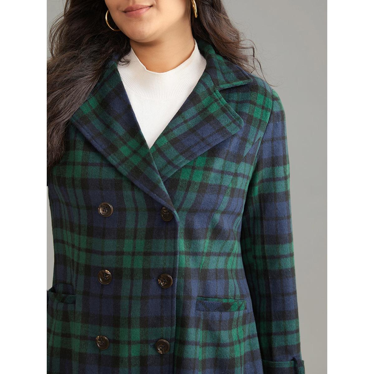 Plus Size Patched Pocket Plaid Double Breasted Coat Women DarkGreen Casual Lined Ladies Dailywear Winter Coats BloomChic 18-20/2X Product Image
