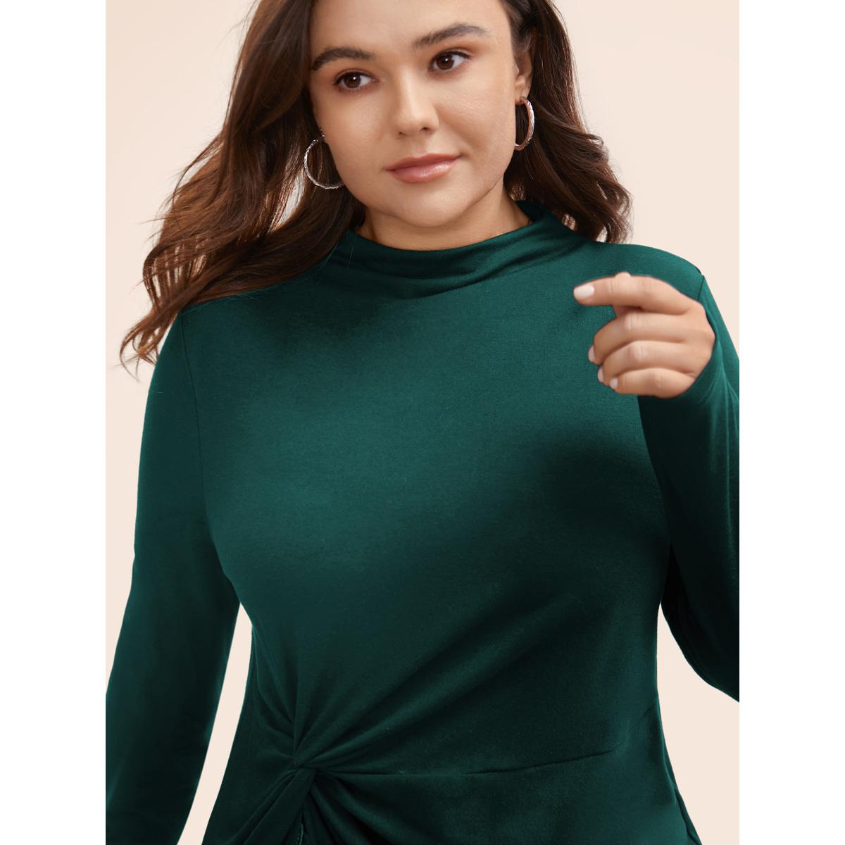 Plus Size Supersoft Essentials Twist Front Split Hem T-shirt DarkGreen Women Casual Tie knot Mock Neck Skinny Everyday T-shirts BloomChic 30/6X Product Image