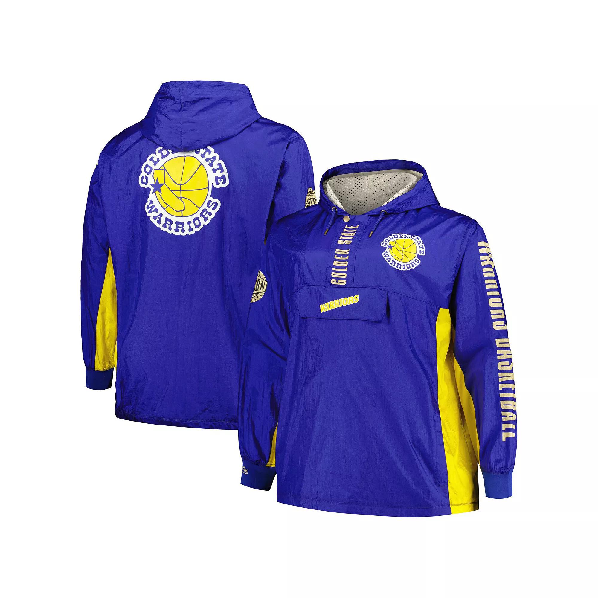 Men's Mitchell & Ness Royal Golden State Warriors Big & Tall Hardwood Classics Team OG 2.0 Anorak Hoodie Quarter-Zip Windbreaker Jacket,  Product Image