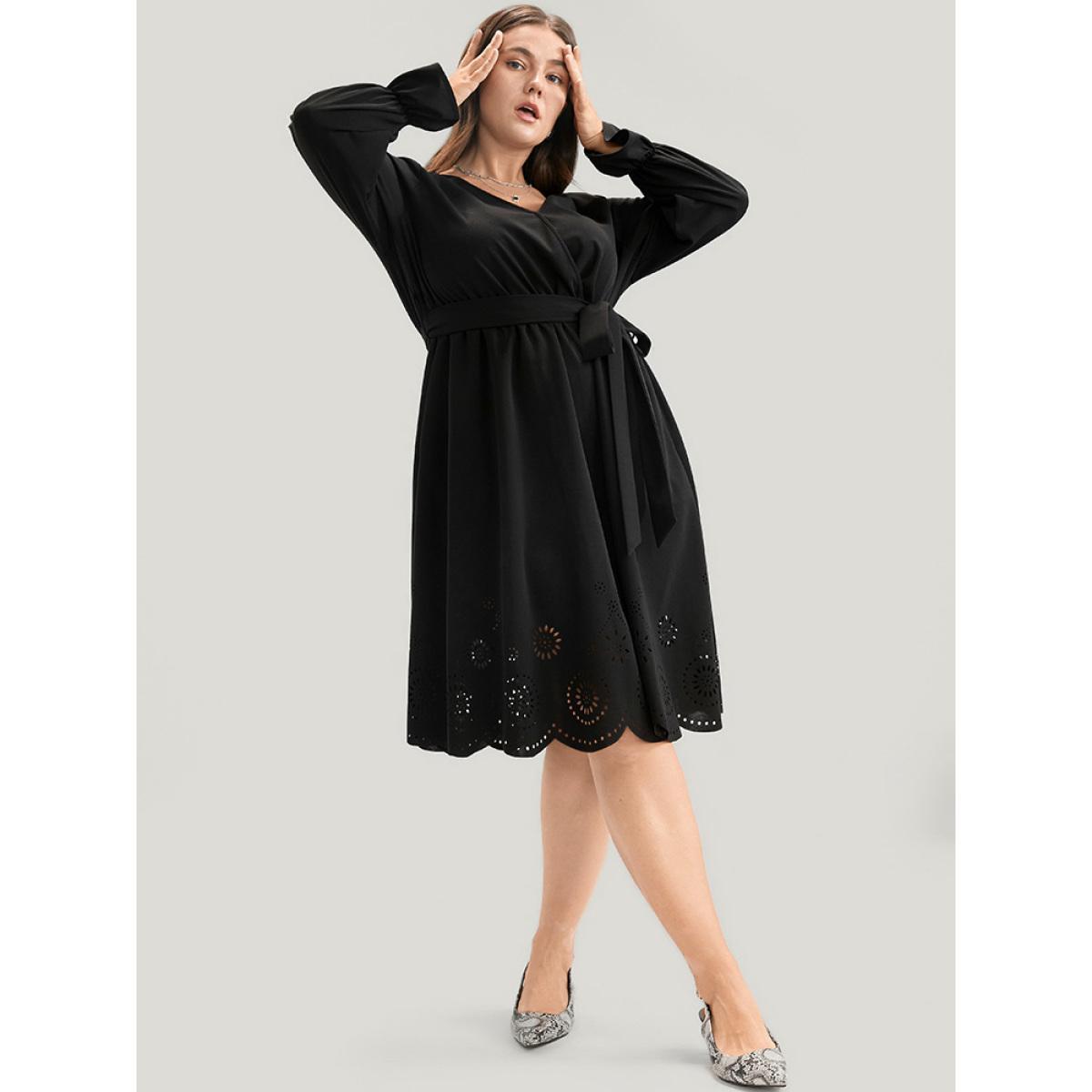 Plus Size Solid Wrap Pocket Belted Laser Cut Knee Dress Black Women Elegant Plain V-neck Long Sleeve Curvy Knee Dress BloomChic 10/M Product Image