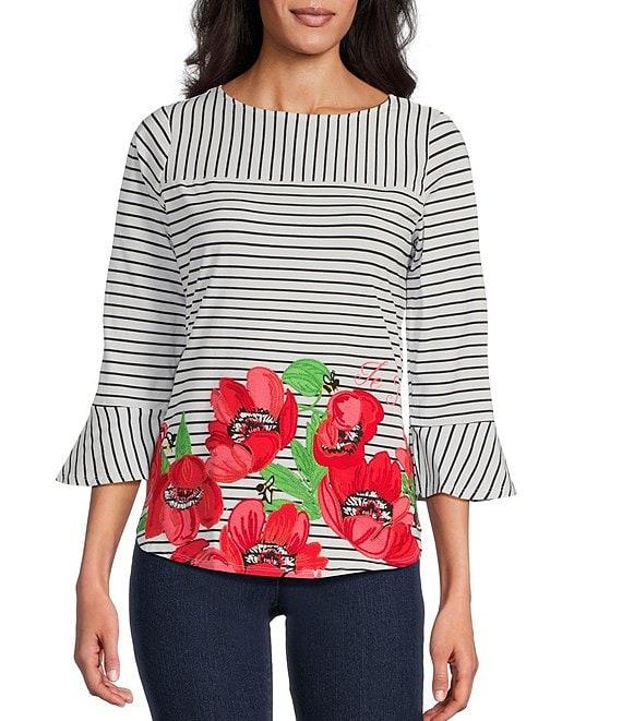 Ruby Rd. Embroidered Stripe Boat Neck 3/4 Sleeve Poppy Top Product Image
