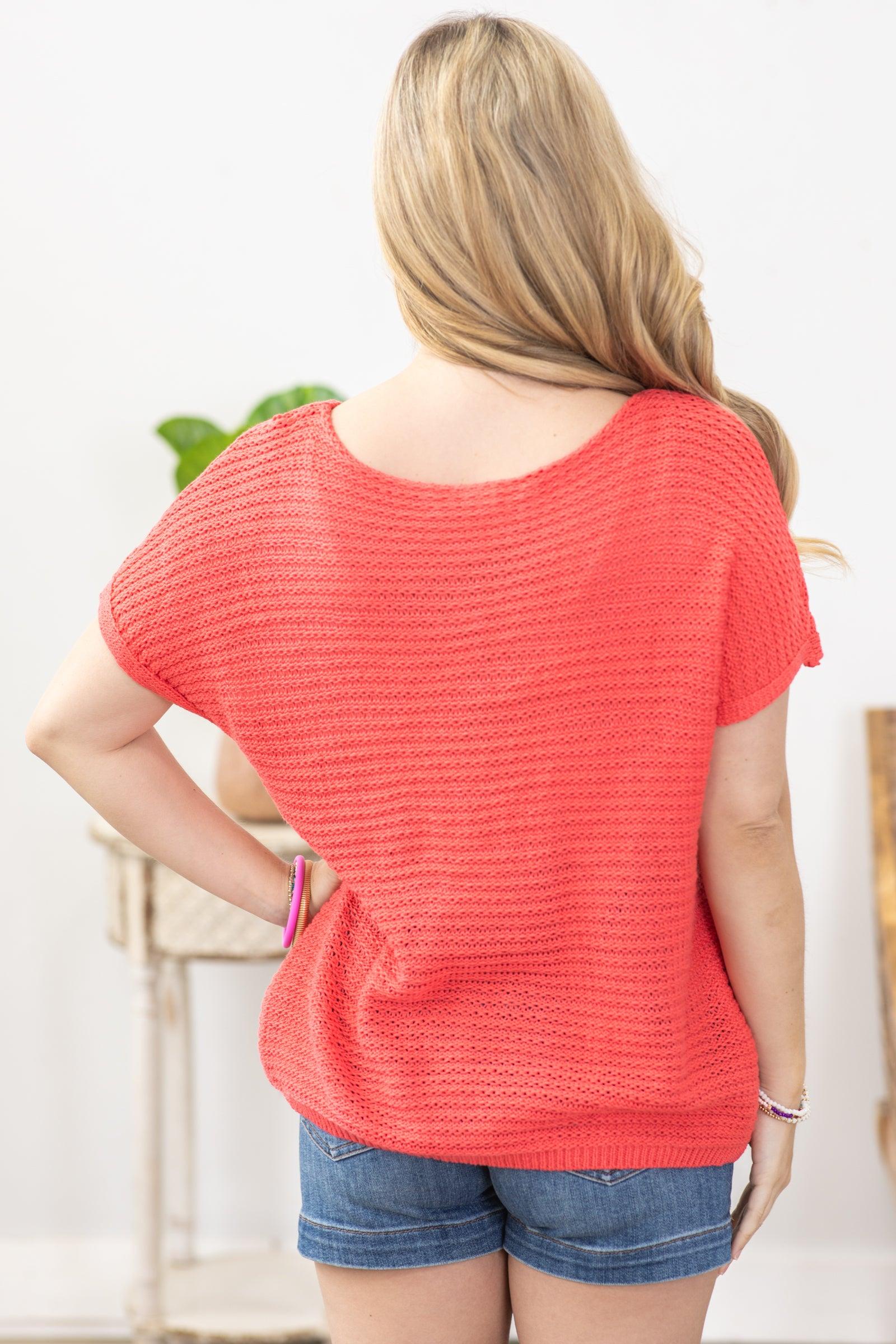 Coral Short Sleeve Sweater Knit Top Product Image
