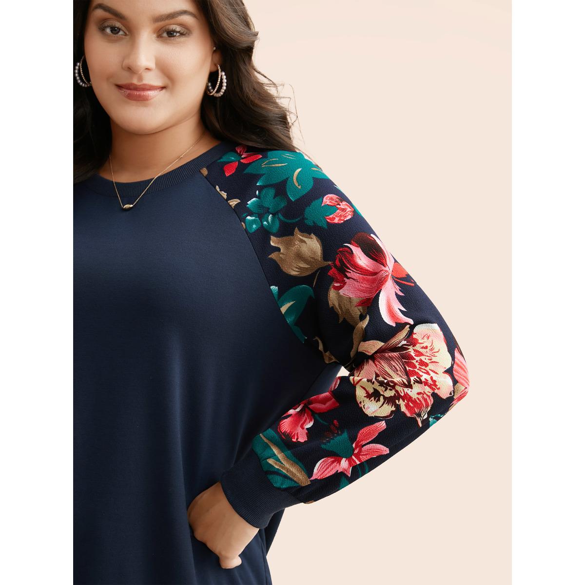 Plus Size Floral Patchwork Raglan Sleeve Sweatshirt Women DarkBlue Elegant Contrast Round Neck Everyday Sweatshirts BloomChic 18-20/2X Product Image